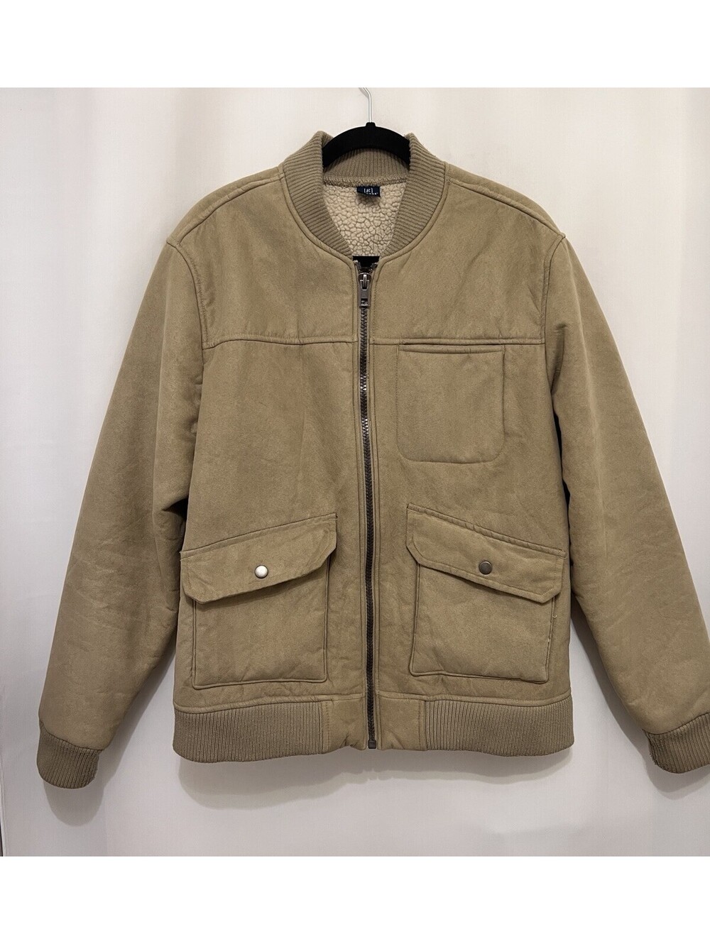 George Men’s M Beige Faux Suede Sherpa Lined Bomber Jacket Full Zip